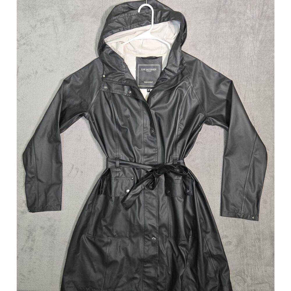 ILSE JACOBSEN RAIN70 Black Belted Hooded Raincoat Trench Jacket Women’s Sz...